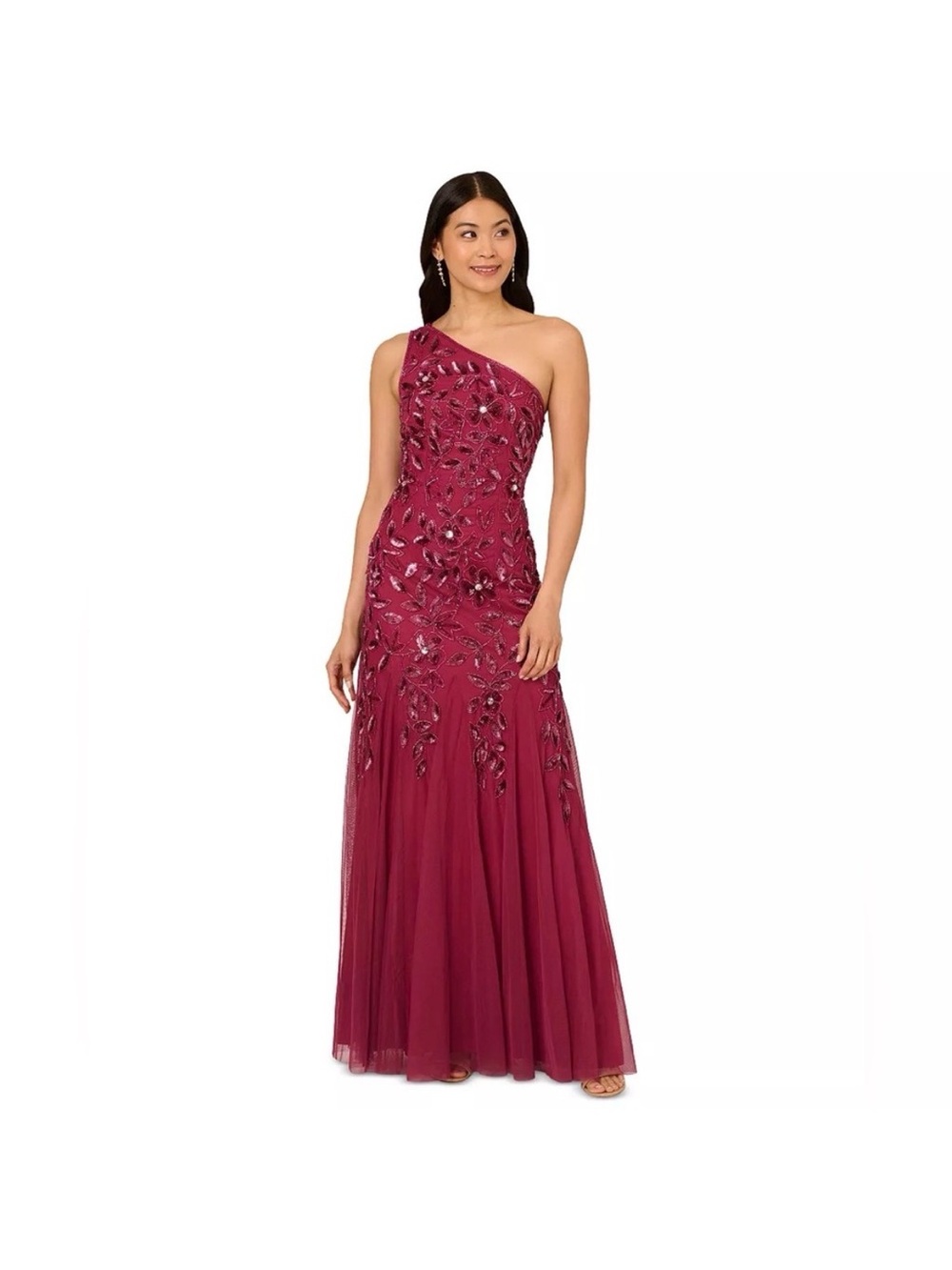 Adrianna Papell NWT Size 4 Burgundy One Shoulder Beaded Sequin Gown GALA MOB